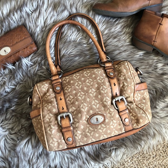 Fossil Handbags - Fossil Maddox Brown Fabric Satchel Shoulder Bag